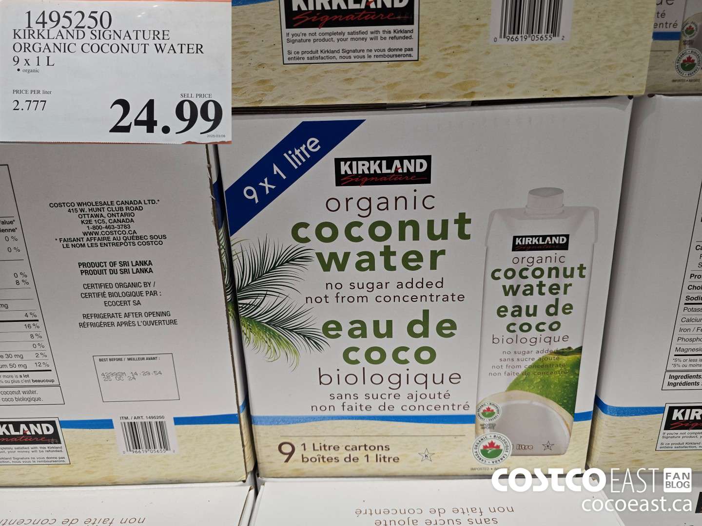 1495250 KIRKLAND SIGNATURE ORGANIC COCONUT WATER 9 X 1L $24.99