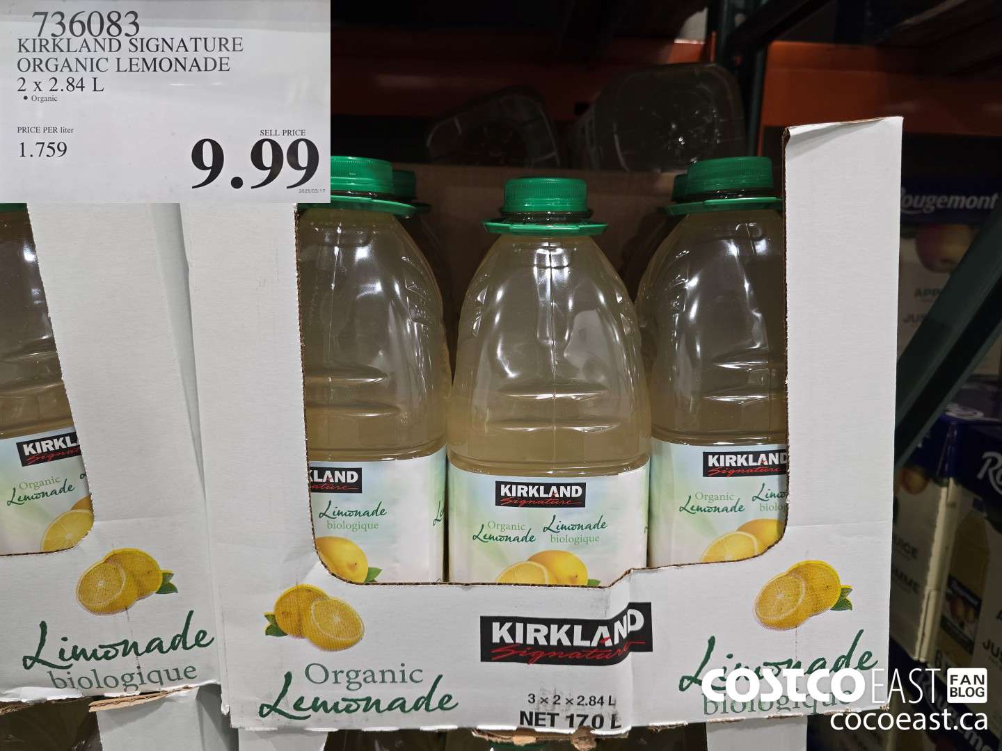 736083 KIRKLAND SIGNATURE ORGANIC LEMONADE 2 X 2.84L $9.99