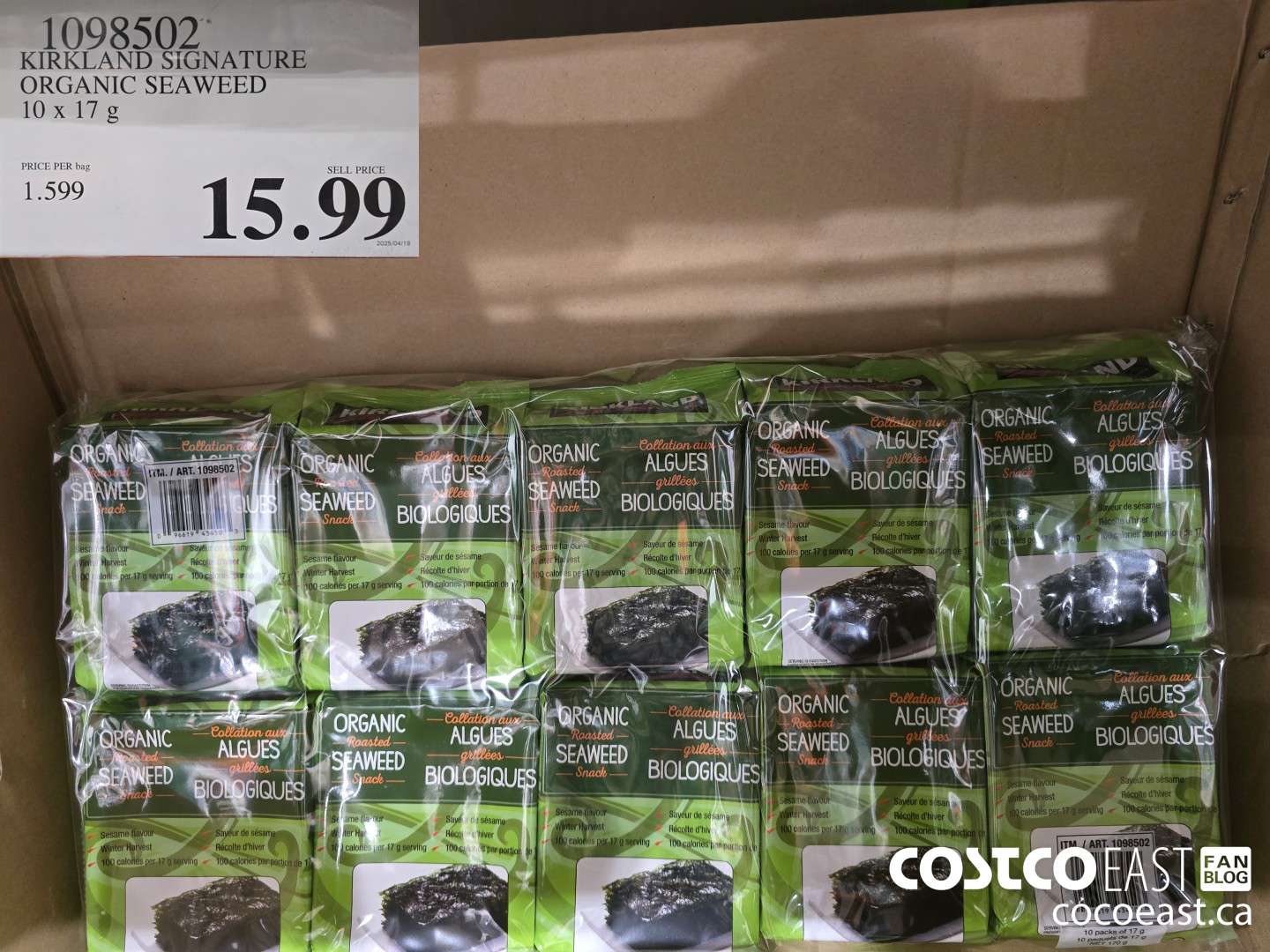 1098502 KIRKLAND SIGNATURE ORGANIC SEAWEED 10 X 17 G $15.99