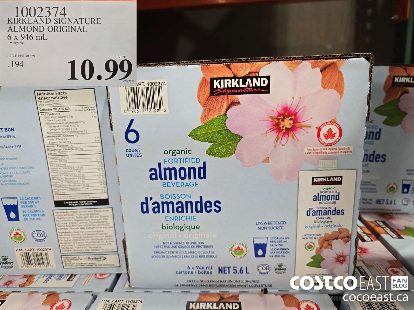 1002374 KIRKLAND SIGNATURE ORG ALMOND ORIGINAL 6 x 946 mL $10.99