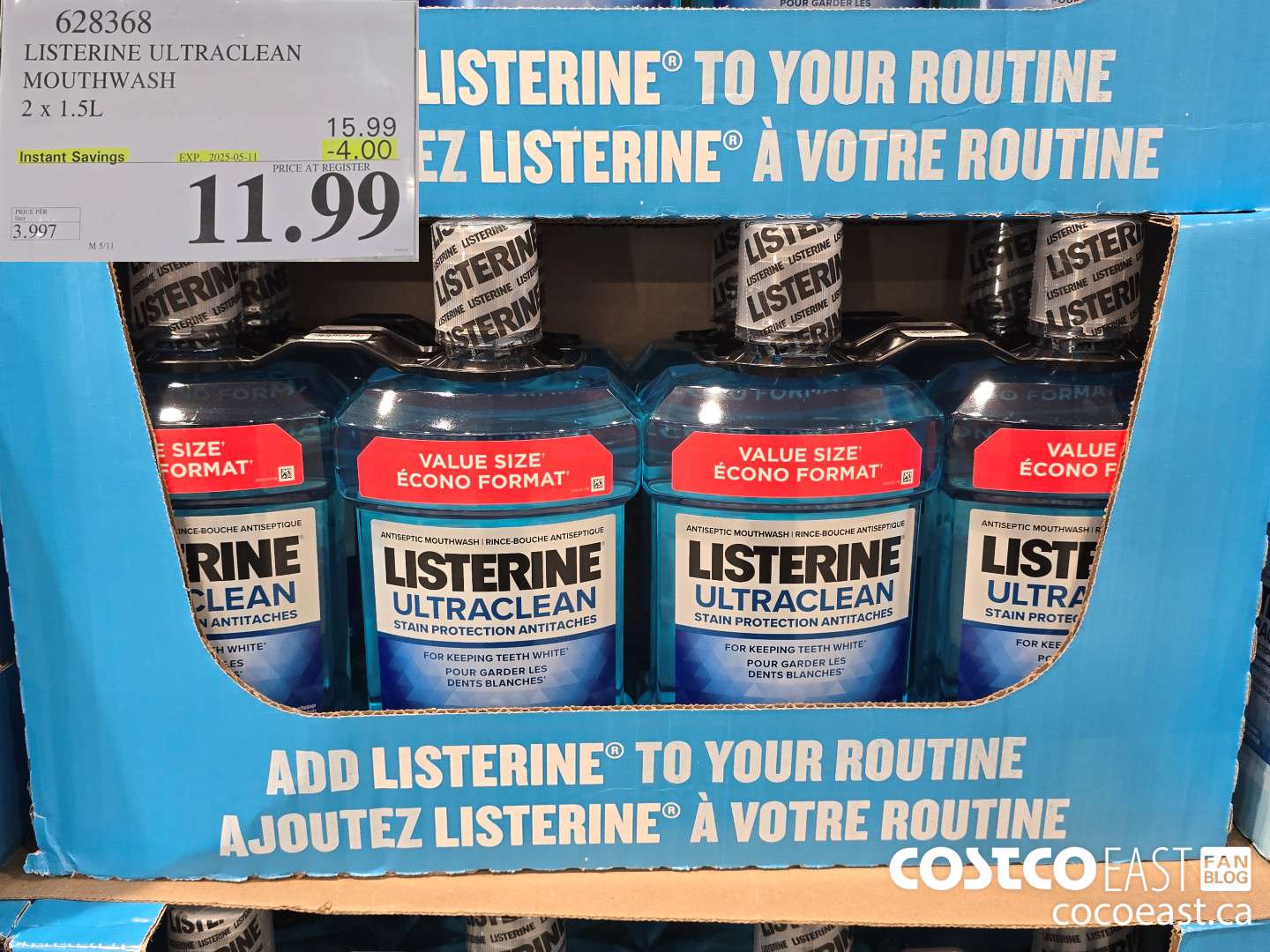 628368 LISTERINE ULTRACLEAN MOUTHWASH 2 X 1.5L ($4.00 INSTANT SAVINGS EXPIRES ON 2025-05-11) $11.99