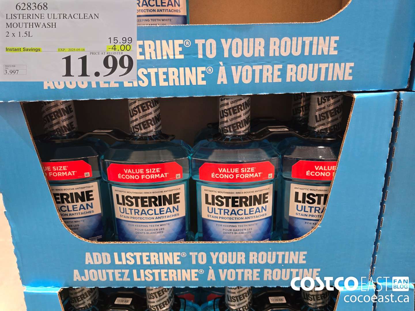 628368 LISTERINE ULTRACLEAN MOUTHWASH 2 X 1.5L ($4.00 INSTANT SAVINGS EXPIRES ON 2025-05-18) $11.99