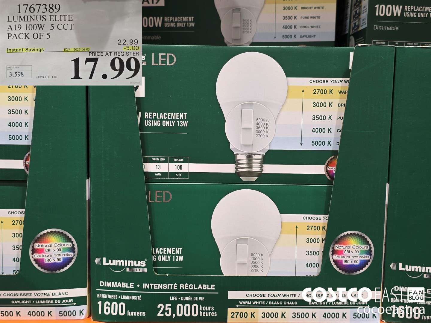 1767389 LUMINUS ELITE A19 100W 5 CCT PACK OF 5 ($5.00 INSTANT SAVINGS EXPIRES ON 2025-06-03) $17.99