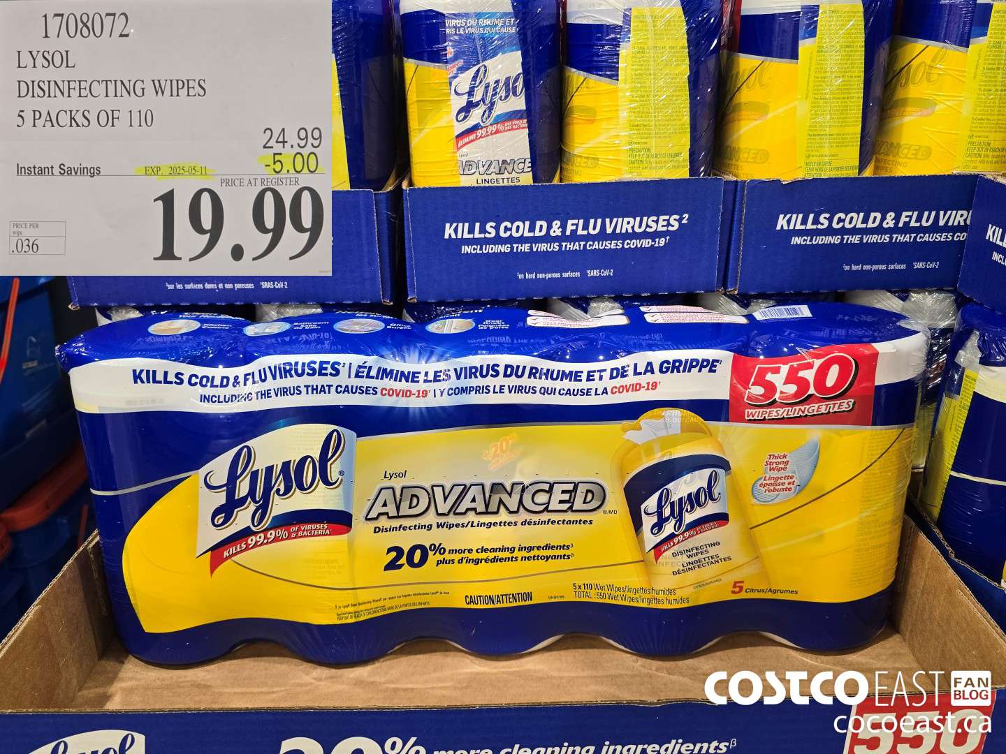 1708072 LYSOL DISINFECTING WIPES 5 PACKS OF 110 ($5.00 INSTANT SAVINGS EXPIRES ON 2025-05-11) $19.99