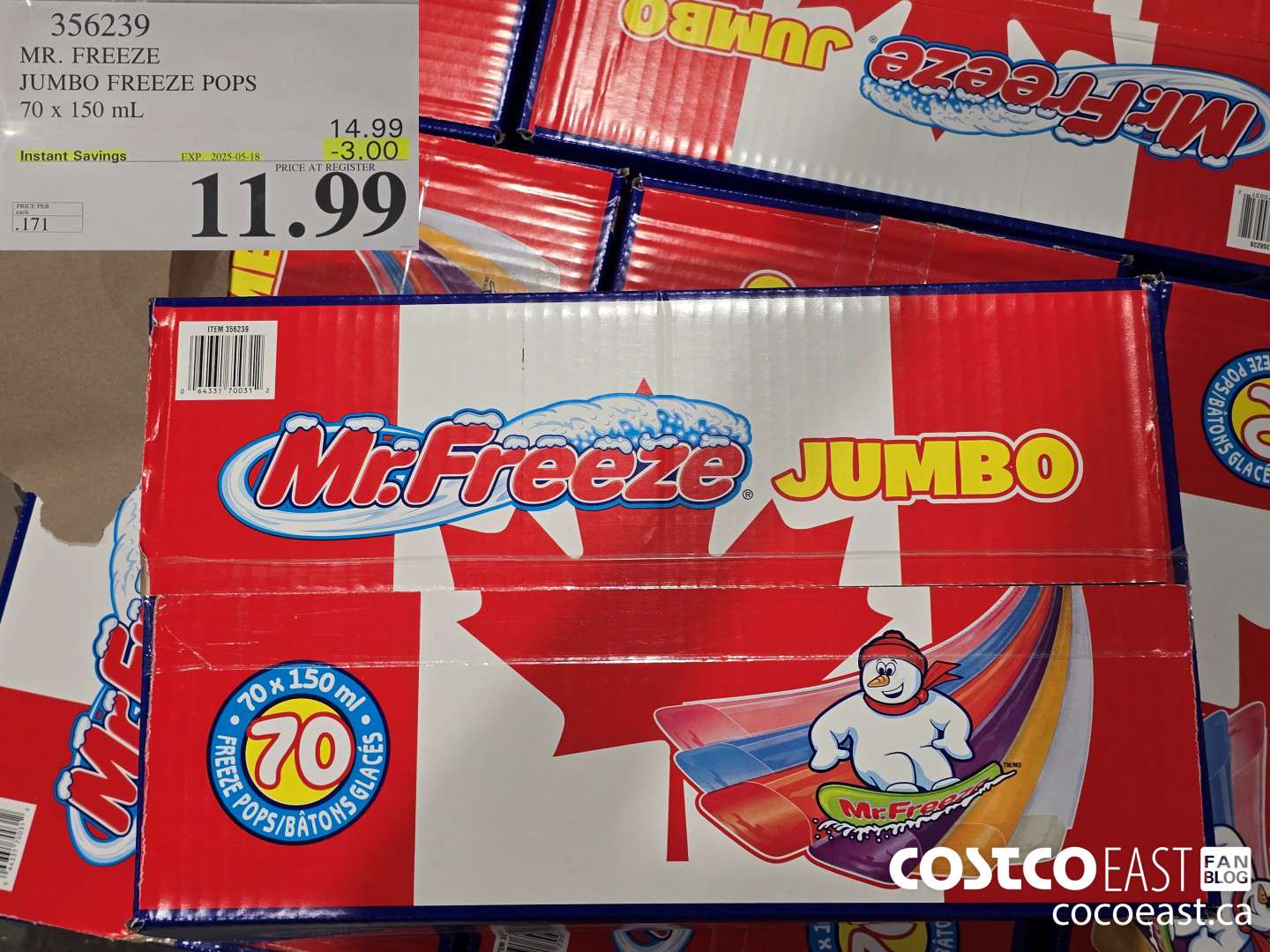 356239 MR. FREEZE JUMBO FREEZE POPS 70 x 150 mL ($3.00 INSTANT SAVINGS EXPIRES ON 2025-05-18) $11.99