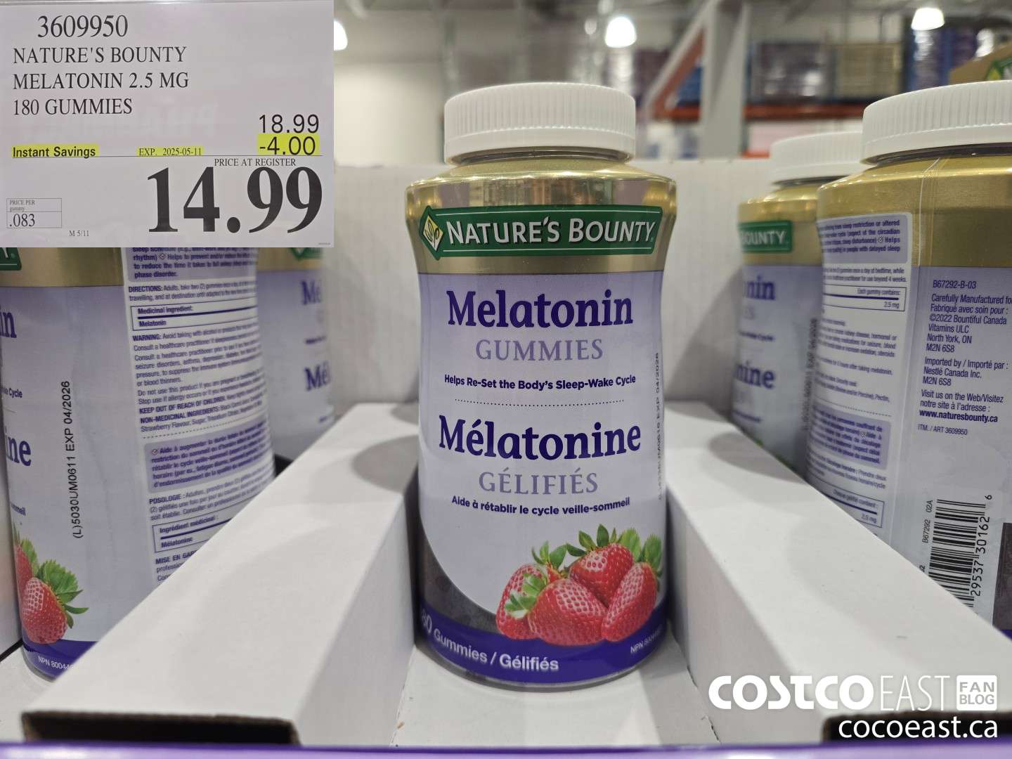 3609950 NATURE'S BOUNTY MELATONIN GUMMIES 180 GUMMIES ($4.00 INSTANT SAVINGS EXPIRES ON 2025-05-11) $14.99