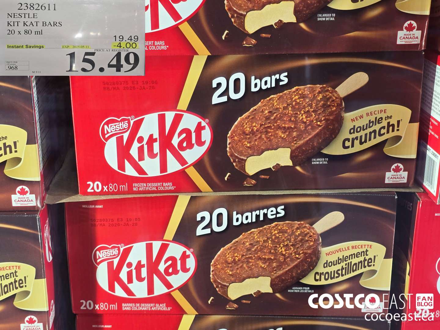 2382611 NESTLE KIT KAT BARS 20 x 80 ml ($4.00 INSTANT SAVINGS EXPIRES ON 2025-05-11) $15.49