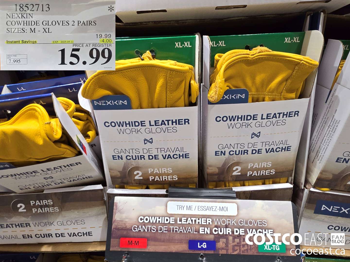 1852713 NEXKIN COWHIDE GLOVES 2 PAIRS SIZES: M - XL ($4.00 INSTANT SAVINGS EXPIRES ON 2025-05-11) $15.99
