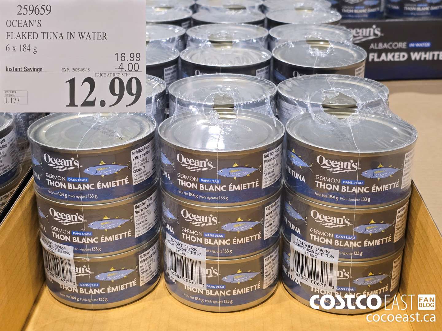 259659 OCEAN'S FLAKED TUNA IN WATER 6 x 184 G ($4.00 INSTANT SAVINGS EXPIRES ON 2025-05-18) $12.99