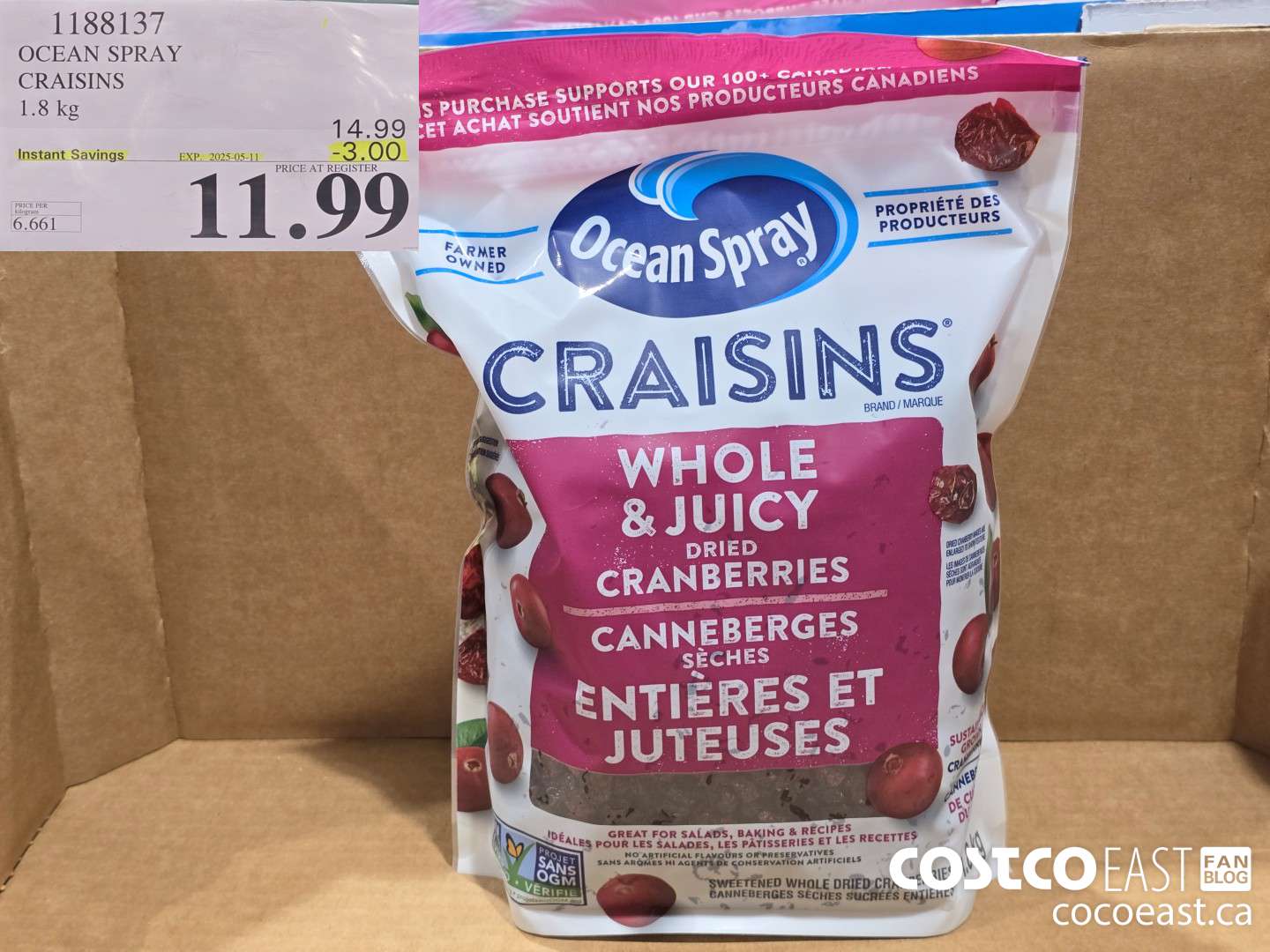 1188137 OCEAN SPRAY CRAISINS 1.8 KG ($3.00 INSTANT SAVINGS EXPIRES ON 2025-05-11) $11.99