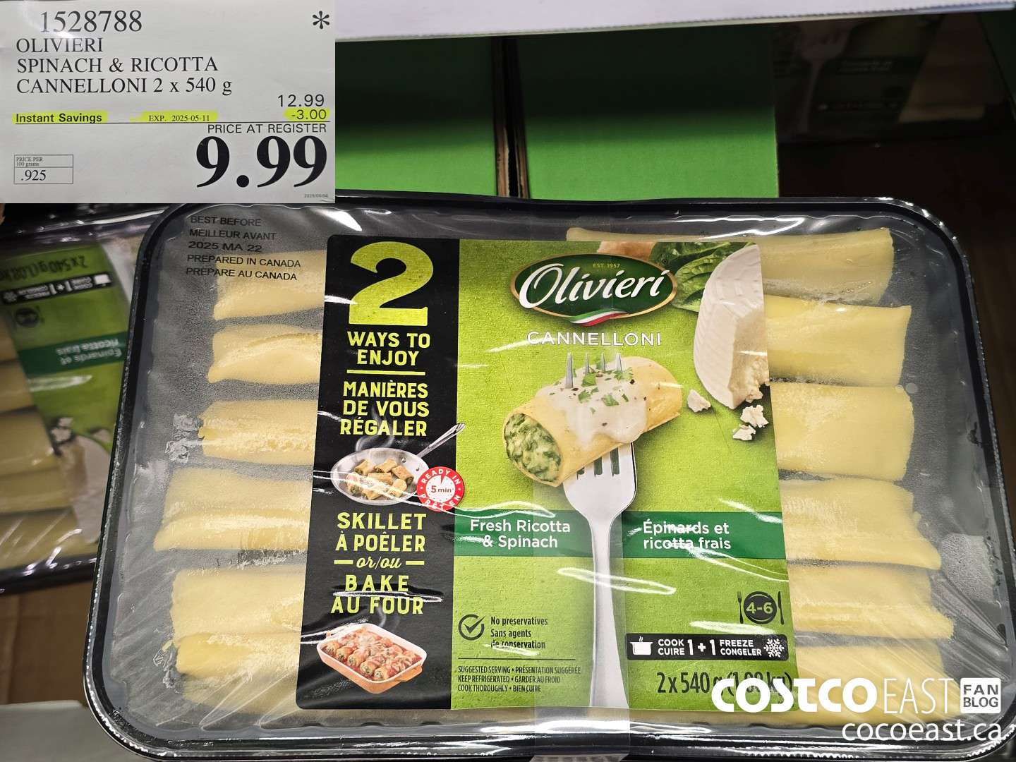 1528788 OLIVIERY SPINACH & RICOTTA CANNELLONI 2 X 540 G ($3.00 INSTANT SAVINGS EXPIRES ON 2025-05-11) $9.99