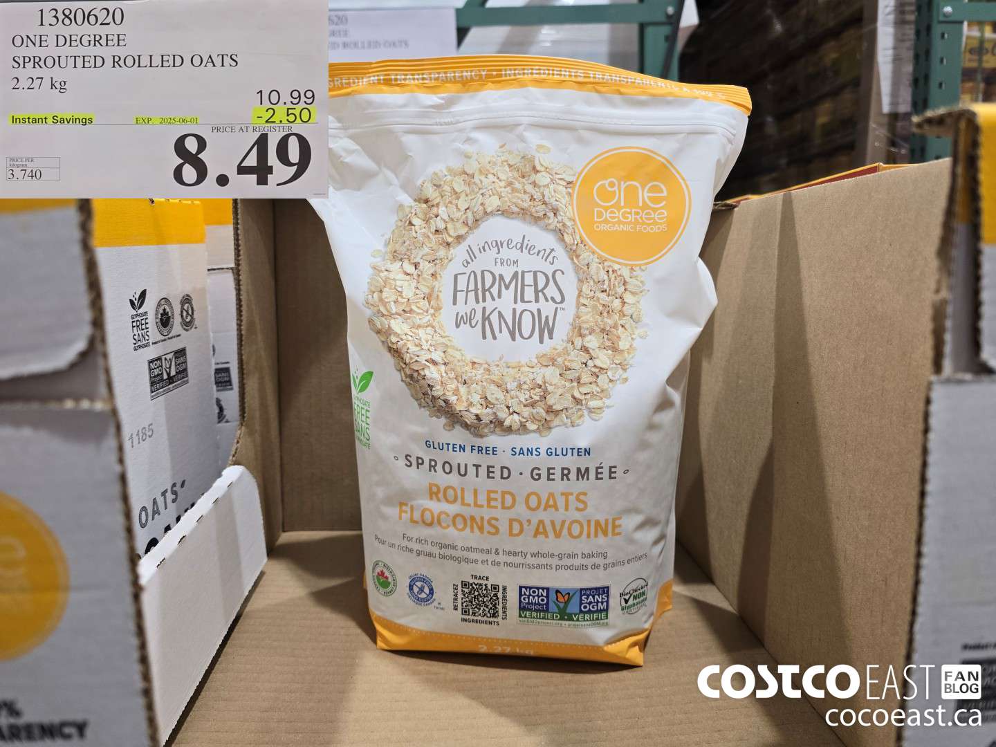 1380620 ONE DEGREE SPROUTED ROLLED OATS 2.27 KG ($2.50 INSTANT SAVINGS EXPIRES ON 2025-06-01) $8.49