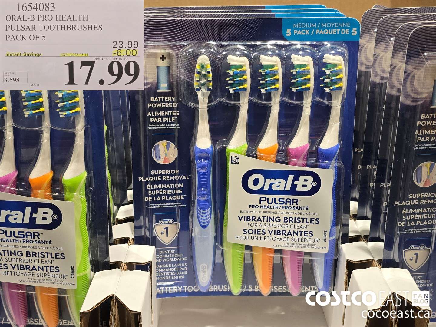1654083 ORAL-B PRO HEALTH PULSAR TOOTHBRUSHES PACK OF 5 ($6.00 INSTANT SAVINGS EXPIRES ON 2025-05-11) $17.99