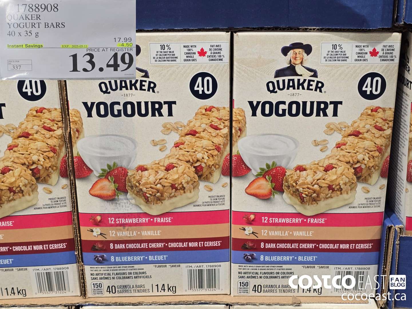 1788908 QUAKER YOGURT BARS 40 x 35g ($4.50 INSTANT SAVINGS EXPIRES ON 2025-05-11) $13.49