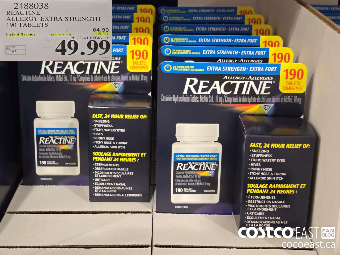2488038 REACTINE ALLERGY EXTRA STRENGTH 190 TABLETS ($15.00 INSTANT SAVINGS EXPIRES ON 2025-05-18) $49.99