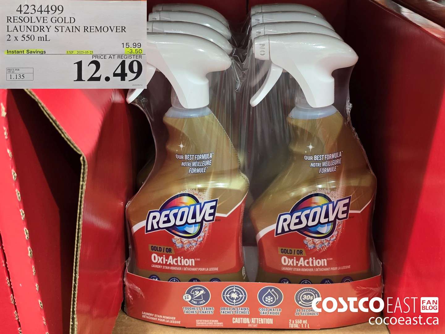 4234499 RESOLVE GOLD LAUNDRY STAIN REMOVER 2 x 550 mL ($3.50 INSTANT SAVINGS EXPIRES ON 2025-05-25) $12.49