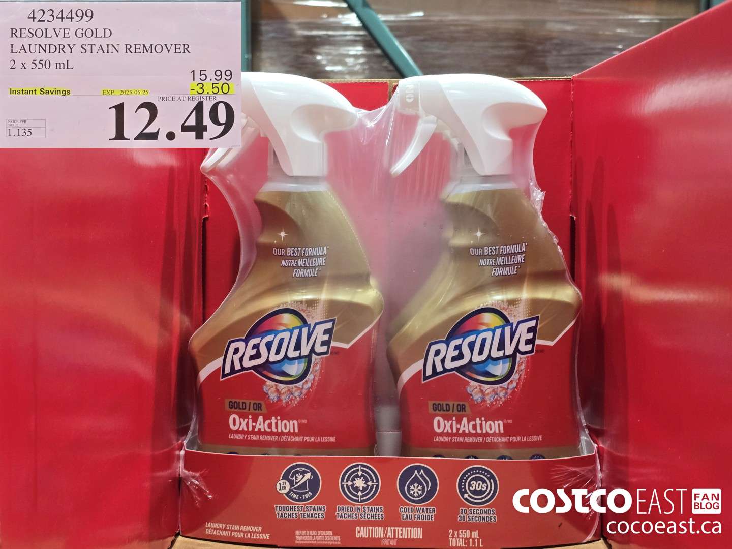 4234499 RESOLVE GOLD LAUNDRY STAIN REMOVER 2 x 550 mL ($3.50 INSTANT SAVINGS EXPIRES ON 2025-05-25) $12.49