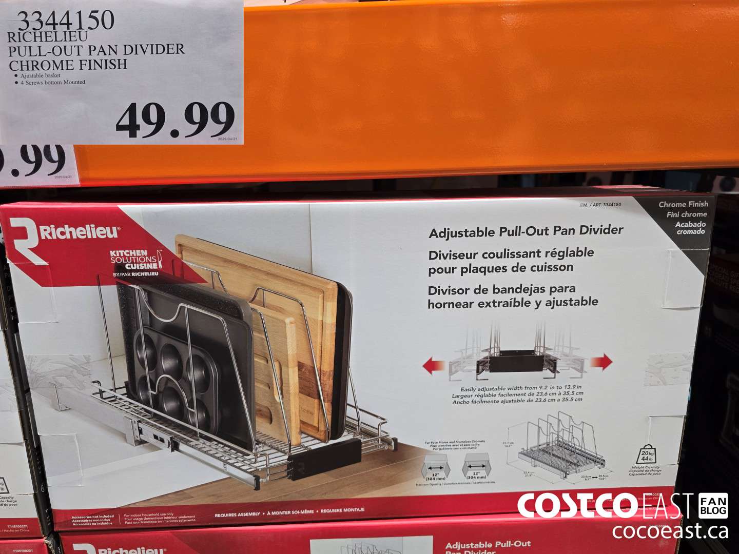 3344150 RICHELIEU PULL-OUT PAN DIVIDER CHROME FINISH $49.99