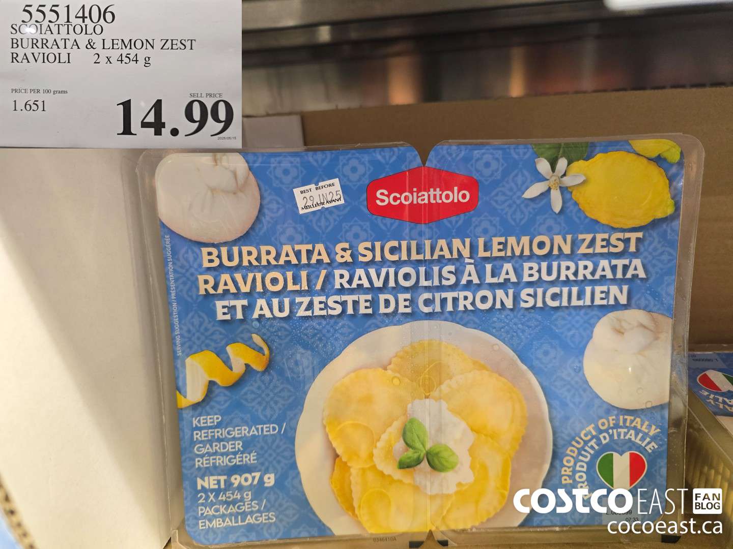 5551406 SCOIATTOLO BURRATA & LEMON ZEST RAVIOLI 2 x 454 G $14.99