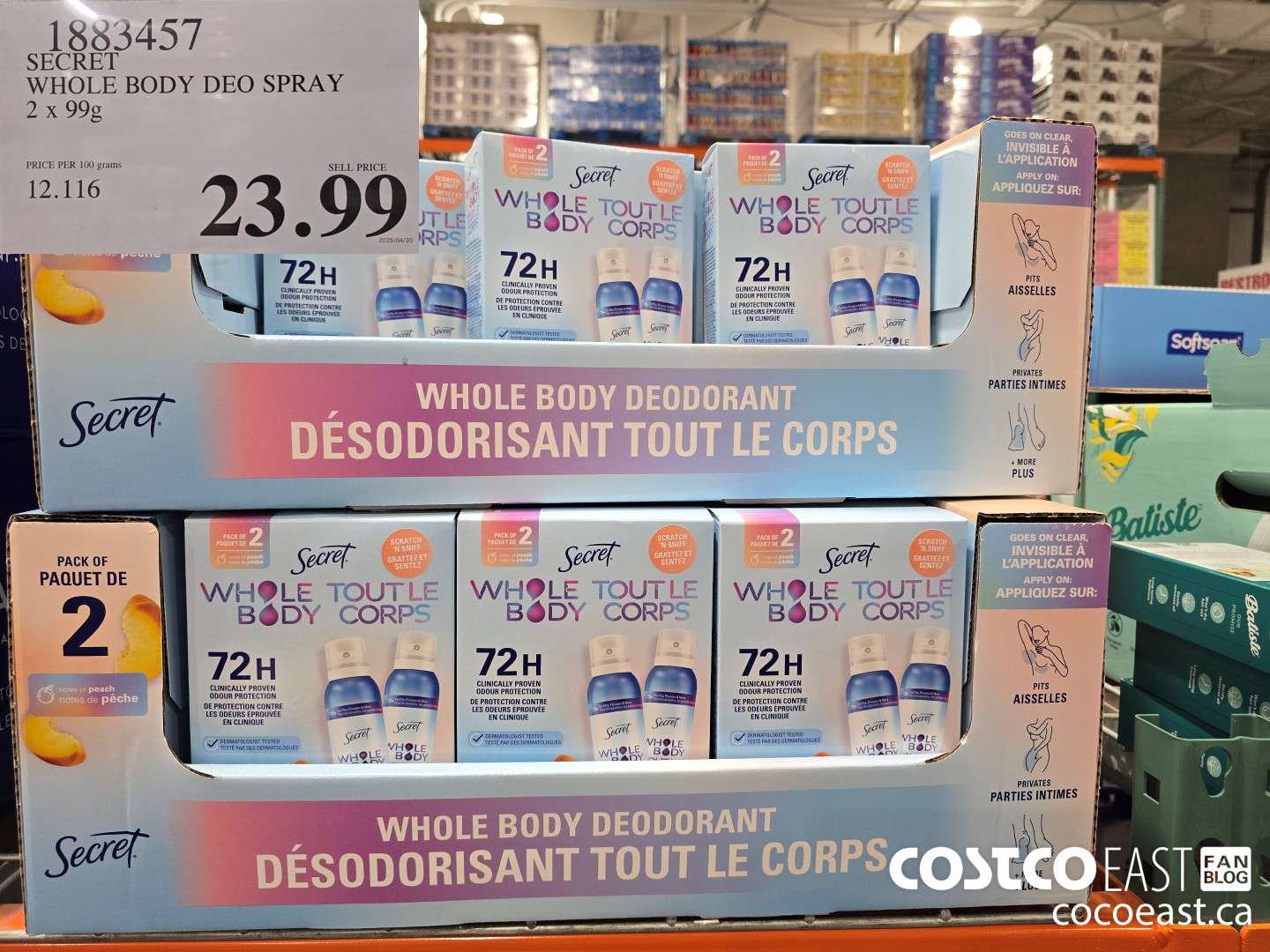 1883457 SECRET WHOLE BODY DEO SPRAY 2 X 99G $23.99