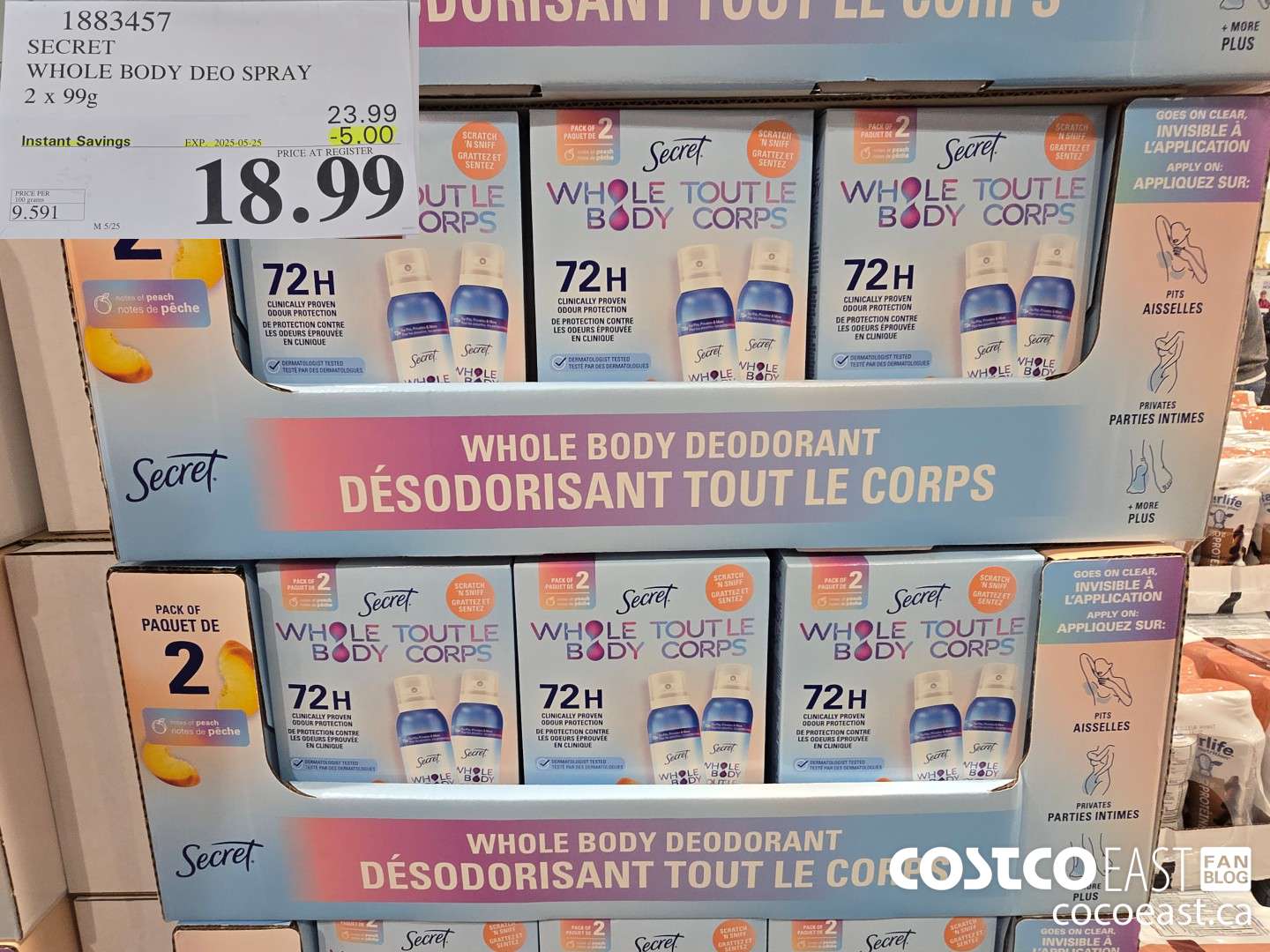 1883457 SECRET WHOLE BODY DEO SPRAY 2 X 99G ($5.00 INSTANT SAVINGS EXPIRES ON 2025-05-25) $18.99