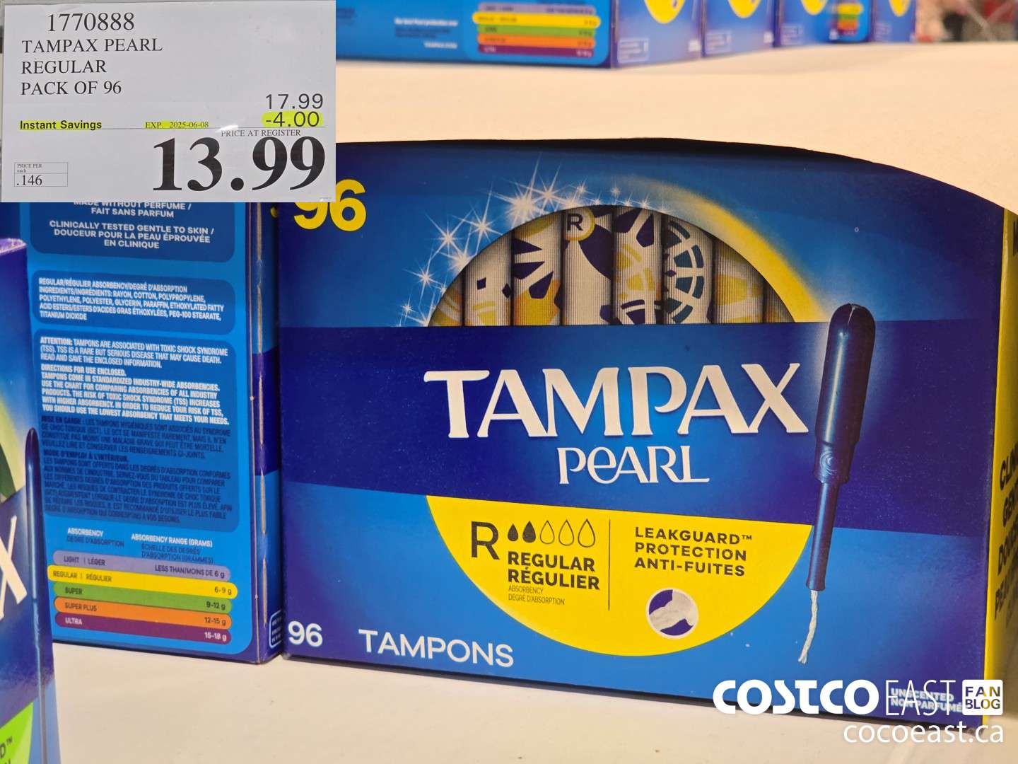 1770888 TAMPAX PEARL REGULAR PACK OF 96 ($4.00 INSTANT SAVINGS EXPIRES ON 2025-06-08) $13.99