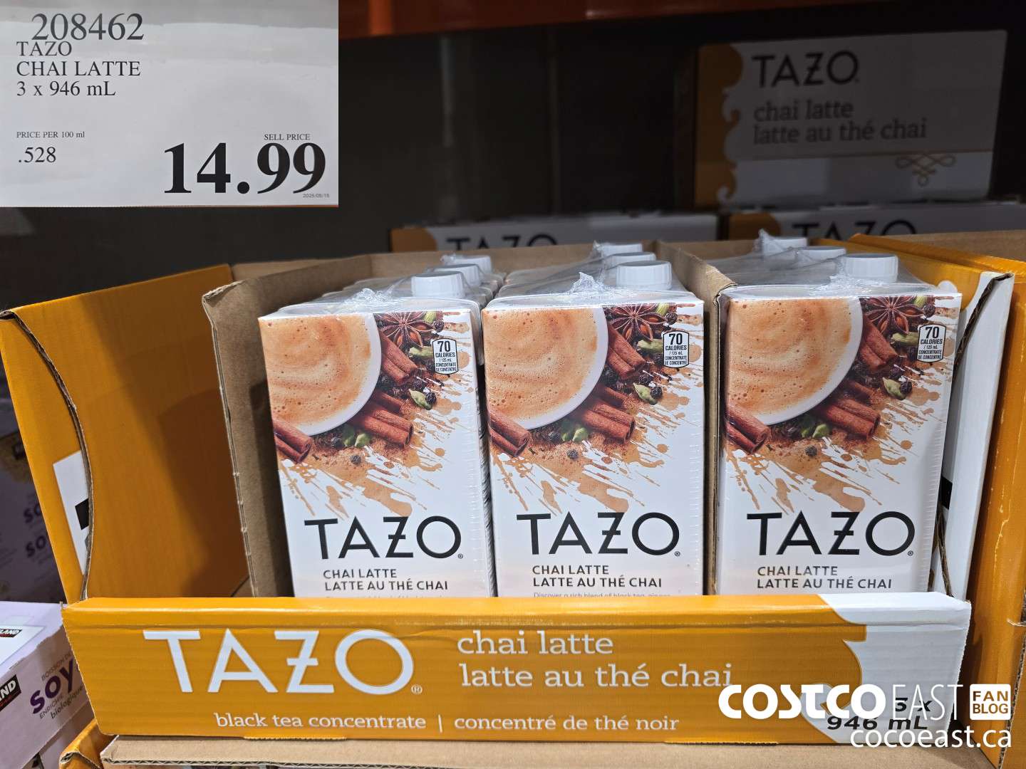 208462 TAZO CHAI LATTE 3 X 946 ML $14.99