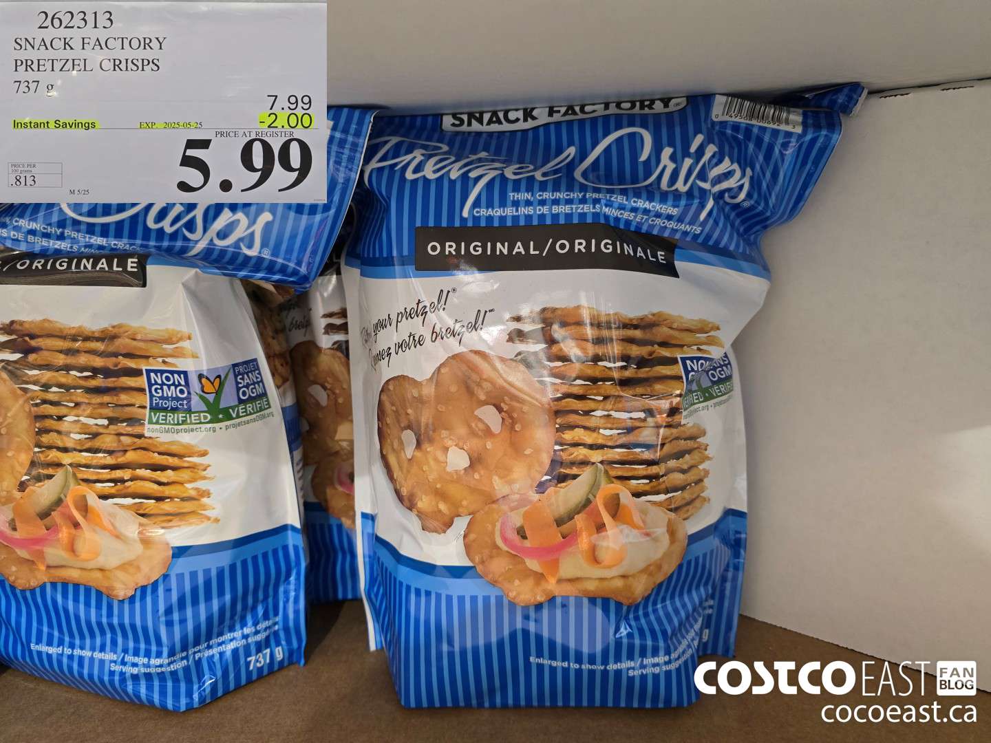 262313 THE SNACK FACTORY PRETZEL CRISPS 737 G ($2.00 INSTANT SAVINGS EXPIRES ON 2025-05-25) $5.99
