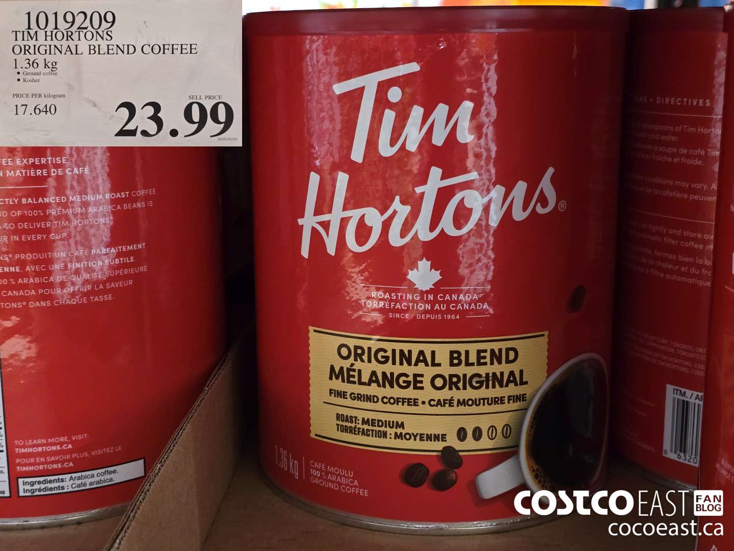 1019209 TIM HORTONS ORIGINAL BLEND COFFEE 1.36 KG $23.99