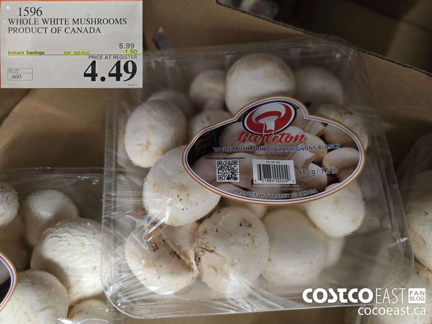 1596 WHOLE WHITE MUSHROOMS PRODUCT OF CANADA ($1.50 INSTANT SAVINGS EXPIRES ON 2025-05-22) $4.49