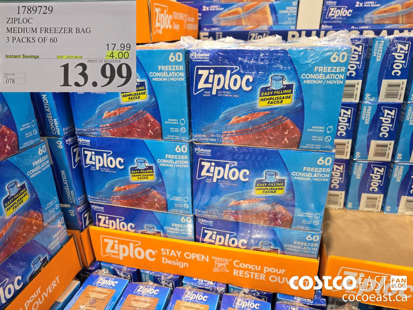 1789729 ZIPLOC MEDIUM FREEZER BAG 3 PACKS OF 60 ($4.00 INSTANT SAVINGS EXPIRES ON 2025-06-08) $13.99