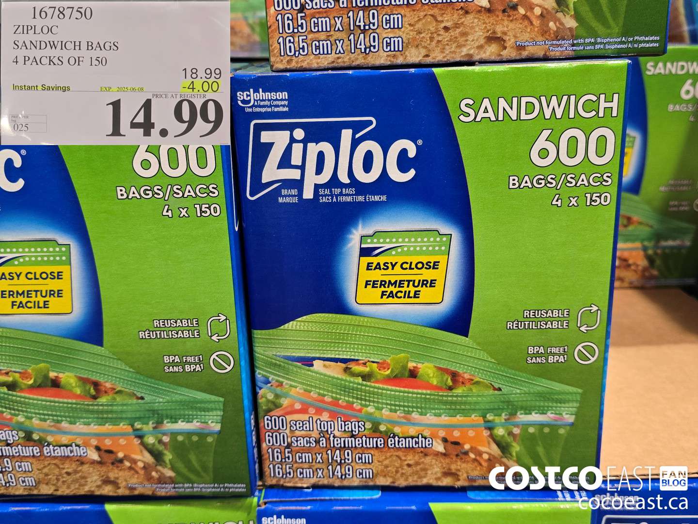 1678750 ZIPLOC SANDWICH BAGS 4 PACKS OF 150 ($4.00 INSTANT SAVINGS EXPIRES ON 2025-06-08) $14.99