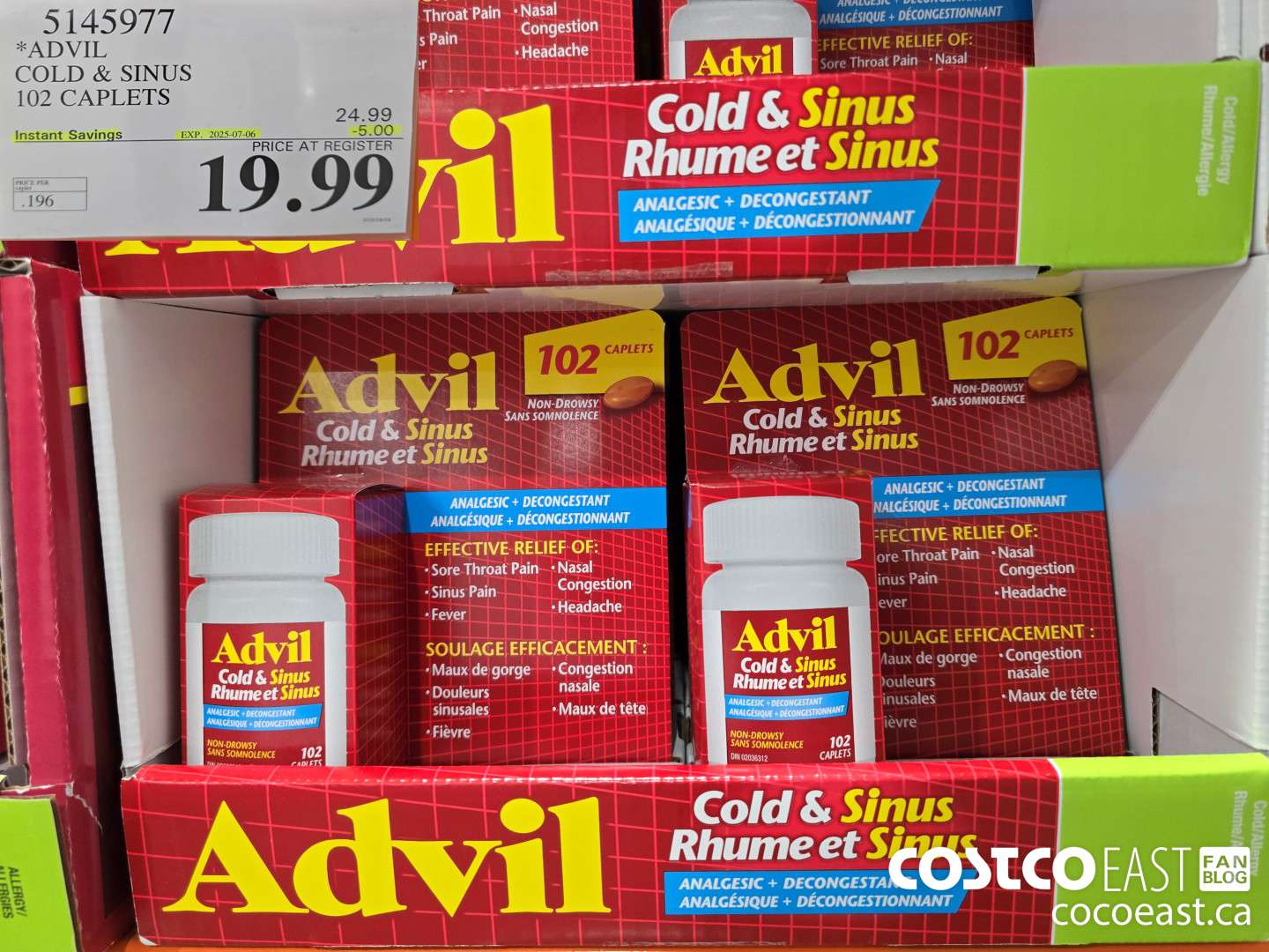 5145977 ADVIL COLD & SINUS 102 CAPLETS ($5.0 INSTANT SAVINGS EXPIRES ON 2025-07-06) $19.99
