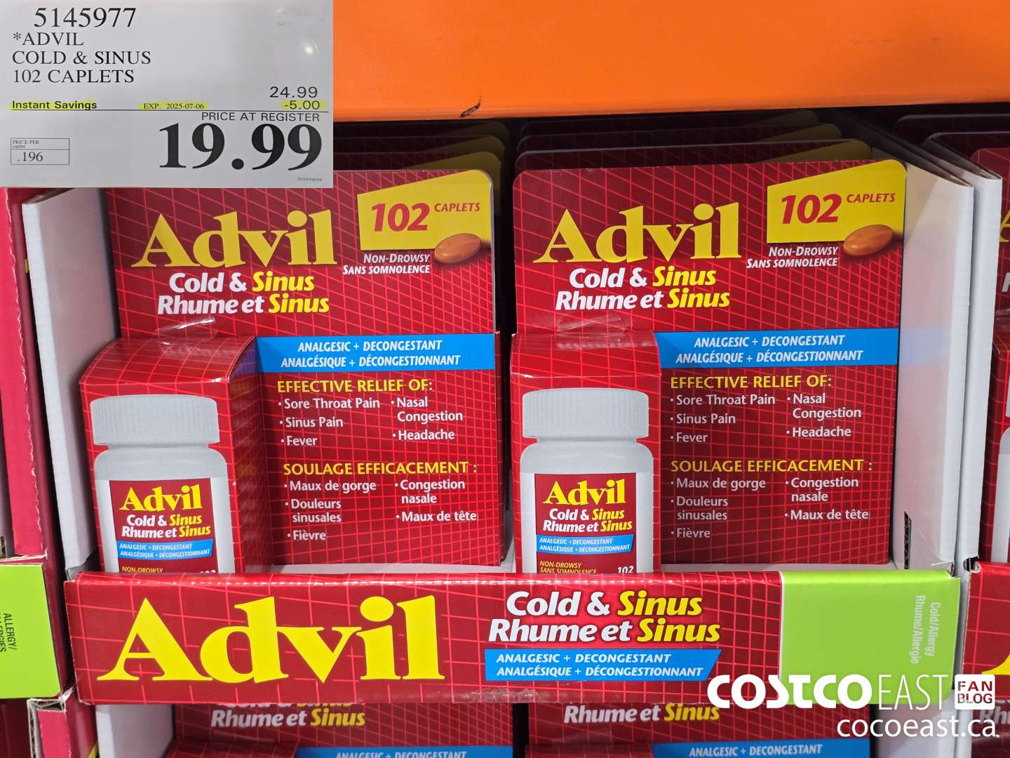 5145977 ADVIL COLD & SINUS 102 CAPLETS ($5.0 INSTANT SAVINGS EXPIRES ON 2025-07-06) $19.99