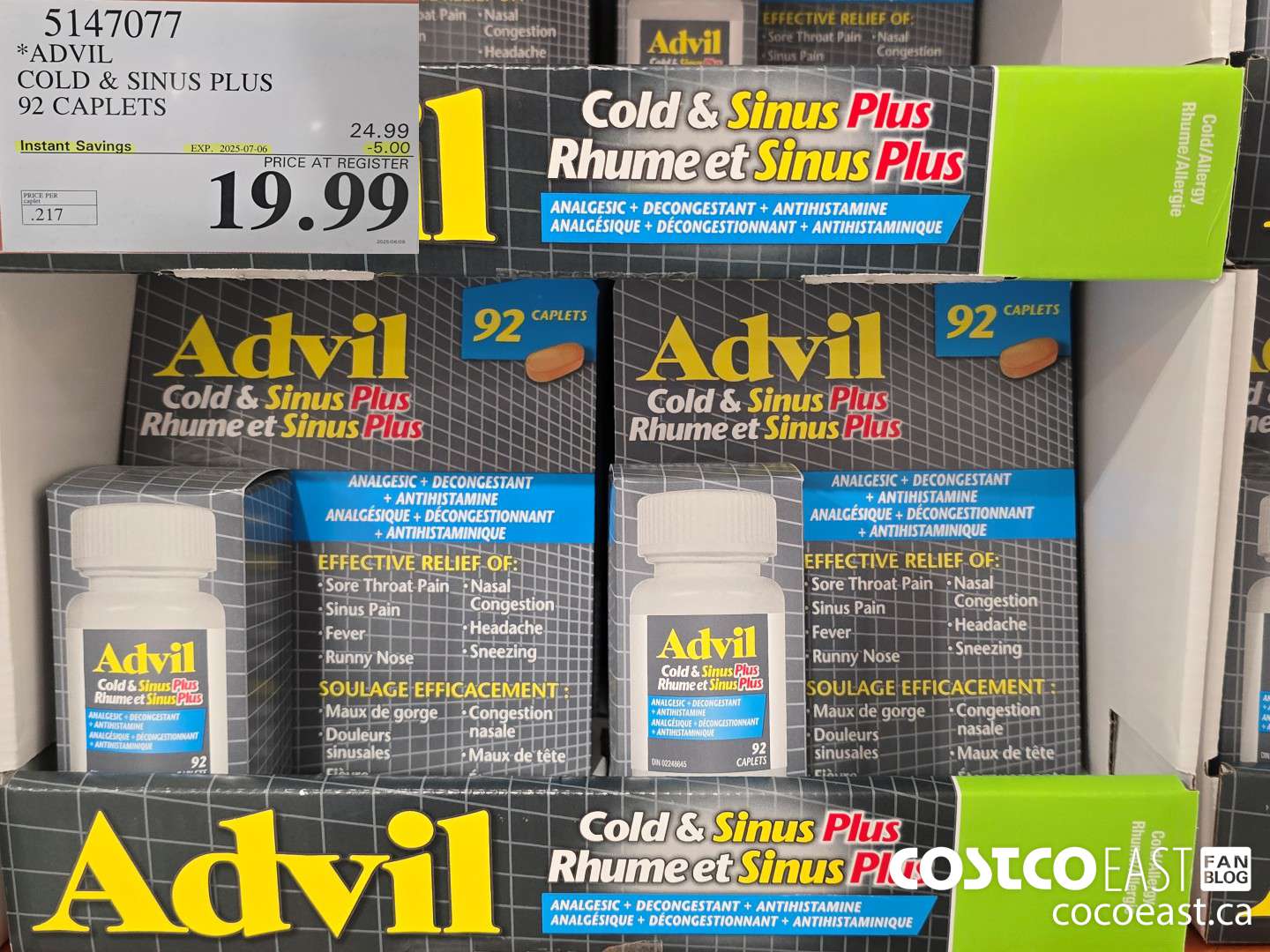 5147077 ADVIL COLD & SINUS PLUS 92 CAPLETS ($5.00 INSTANT SAVINGS EXPIRES ON 2025-07-06) $19.99