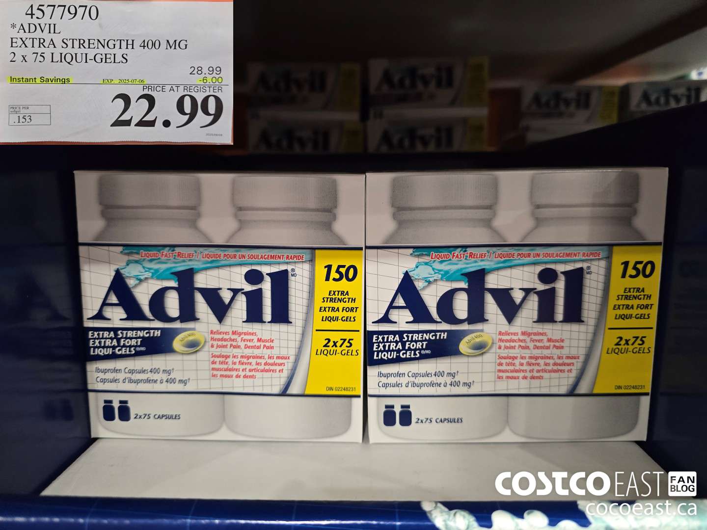 4577970 ADVIL EXTRA STRENGTH 400 MG 2 X 75 LIQUI-GELS ($6.00 INSTANT SAVINGS EXPIRES ON 2025-07-06) $22.99