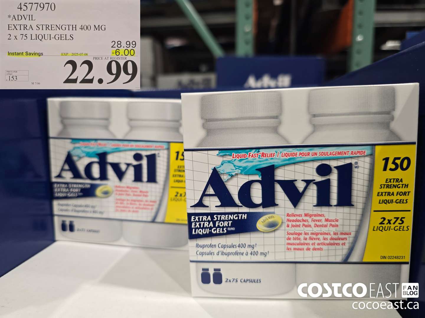 4577970 ADVIL EXTRA STRENGTH 400 MG 2 X 75 LIQUI-GELS ($6.00 INSTANT SAVINGS EXPIRES ON 2025-07-06) $22.99