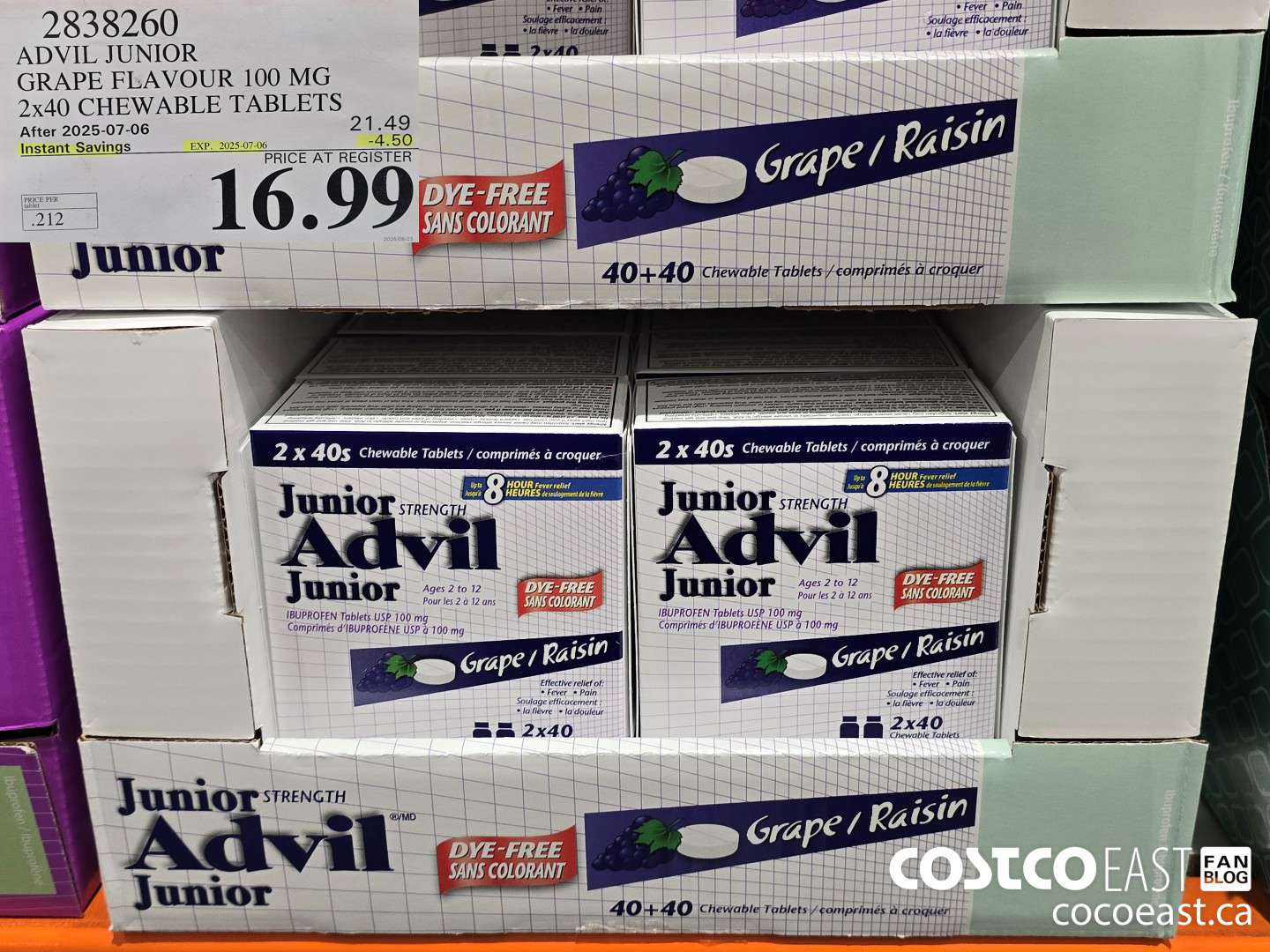 2838260 ADVIL JUNIOR GRAPE FLAVOUR 100 MG 2 X 40'S CHEWABLE TABLETS ($4.50 INSTANT SAVINGS EXPIRES ON 2025-07-06) $16.99