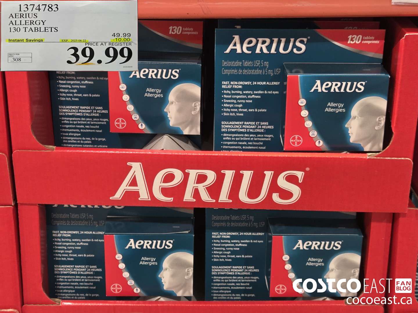 1374783 AERIUS ALLERGY 130 TABLETS ($10.00 INSTANT SAVINGS EXPIRES ON 2025-06-22) $39.99
