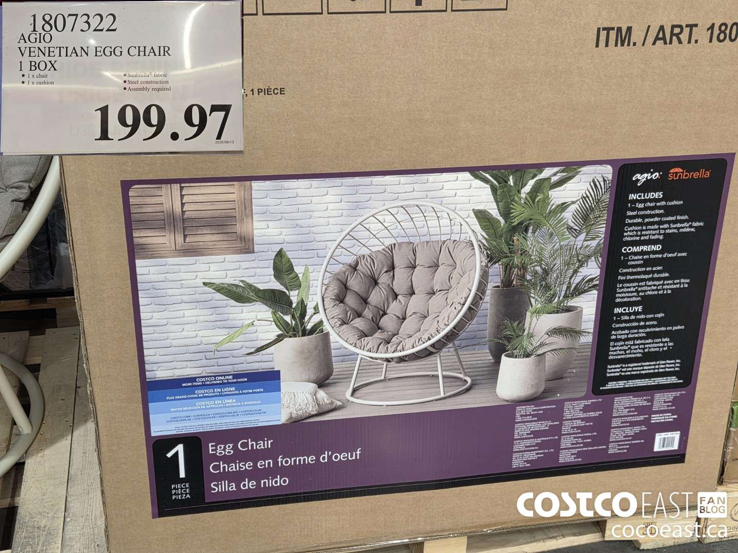 1807322 AGIO VENETIAN EGG CHAIR 1 BOX $199.97