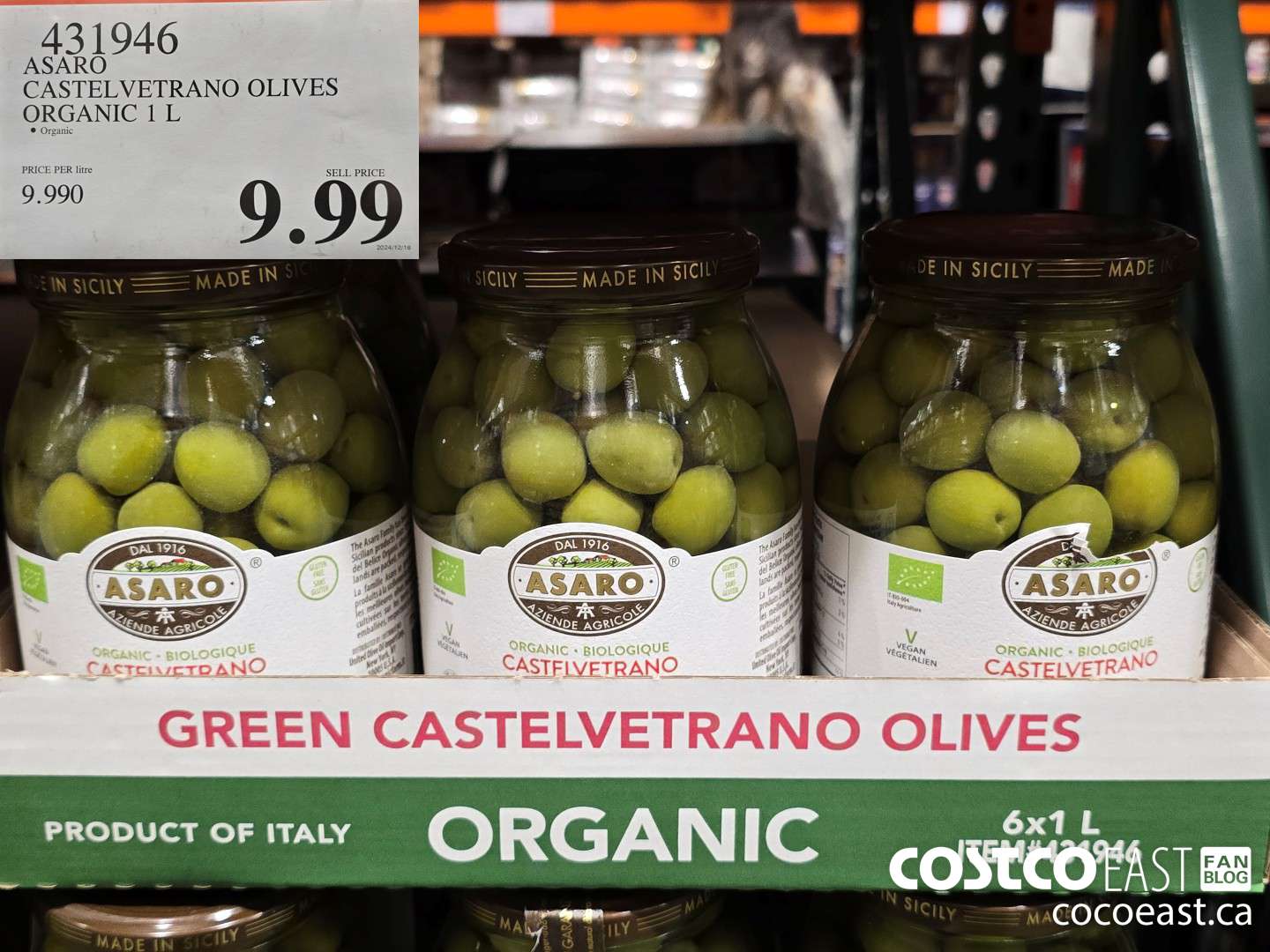 431946 ASARO CASTELVETRANO OLIVES ORGANIC 1 L $9.99