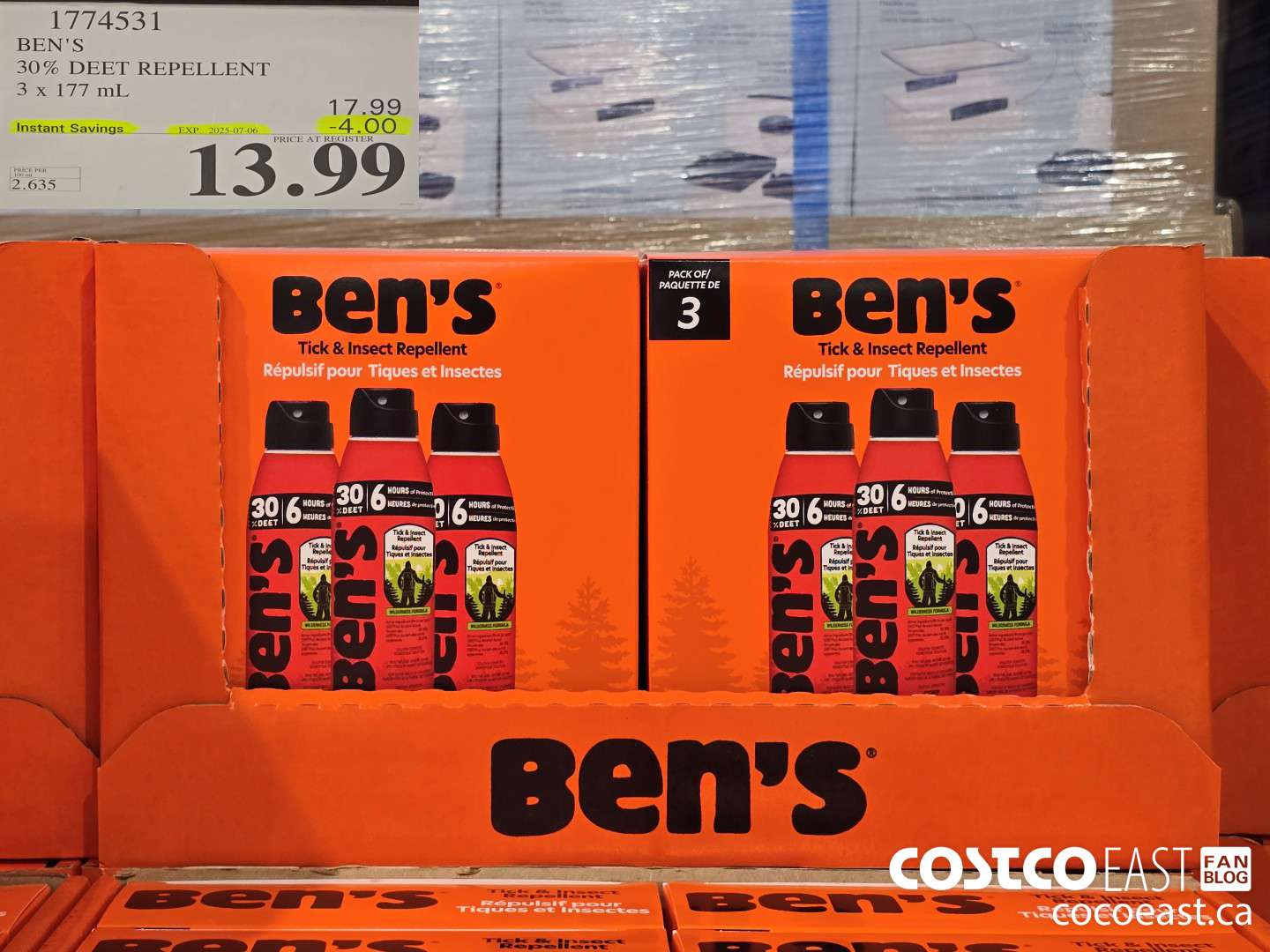 1774531 BEN'S 30% DEET REPELLENT 3 X 177 ML ($4.00 INSTANT SAVINGS EXPIRES ON 2025-07-06) $13.99