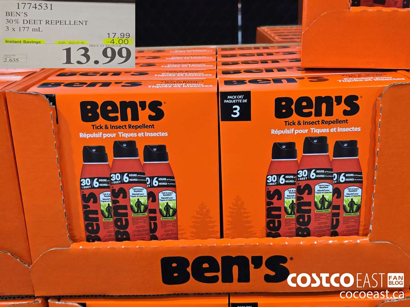 1774531 BEN'S 30% DEET REPELLENT 3 X 177 ML ($4.00 INSTANT SAVINGS EXPIRES ON 2025-07-06) $13.99
