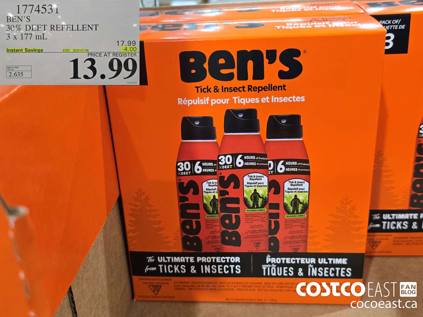 1774531 BEN'S 30% DEET REPELLENT 3 X 177 ML ($4.00 INSTANT SAVINGS EXPIRES ON 2025-07-06) $13.99
