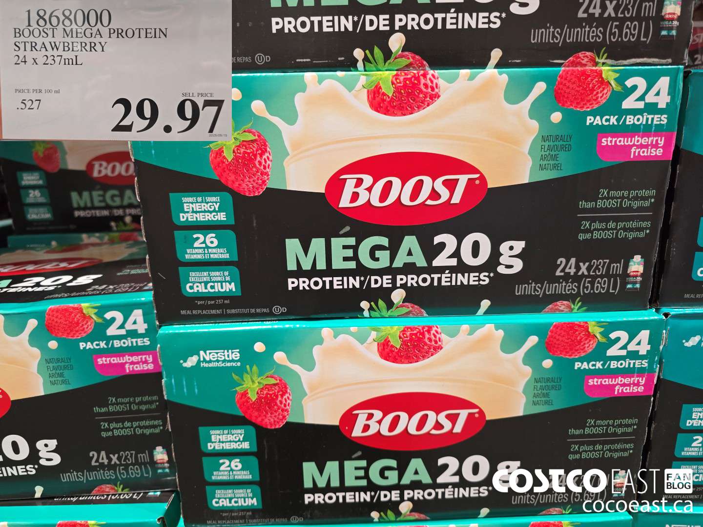 1868000 BOOST MEGA PROTEIN STRAWBERRY 24 x 237mL $29.97