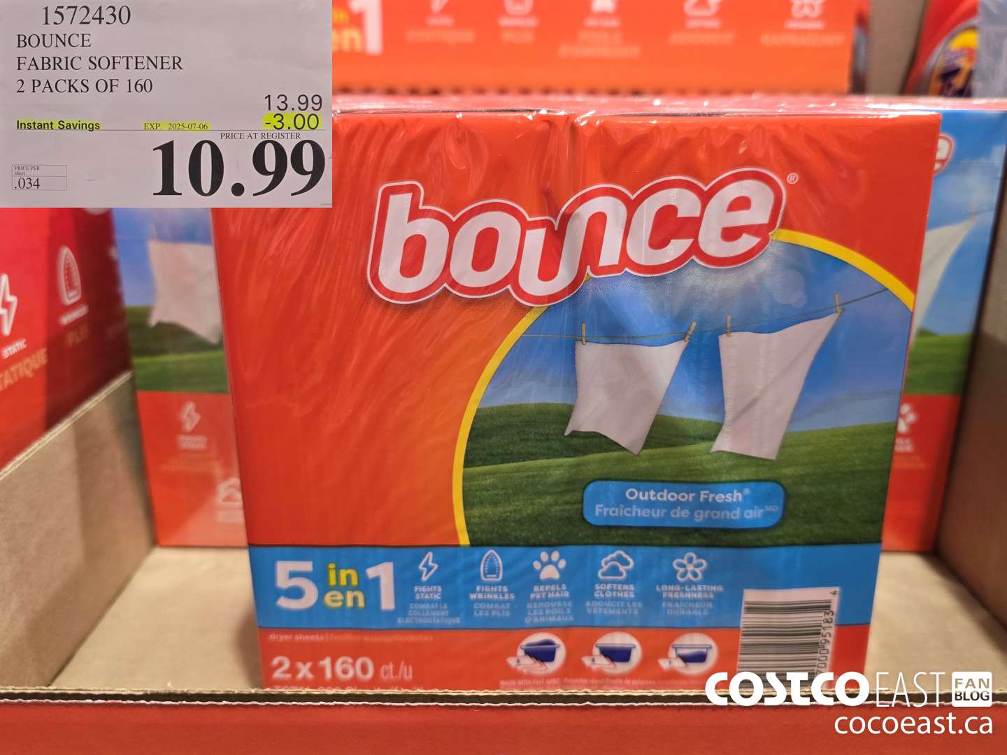 1372430 BOUNCE FABRIC SOFTENER 2 PACKS OF 160 ($3.00 INSTANT SAVINGS EXPIRES ON 2025-07-06) $10.99