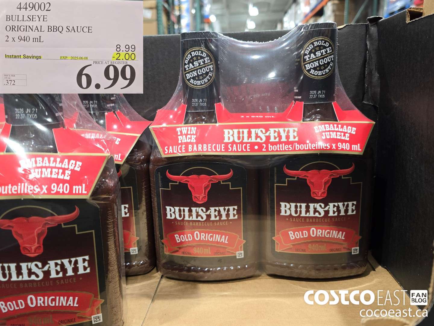 449002 BULLSEYE ORIGINAL BBQ SAUCE 2 X 940 ML ($2.00 INSTANT SAVINGS EXPIRES ON 2025-06-08) $6.99