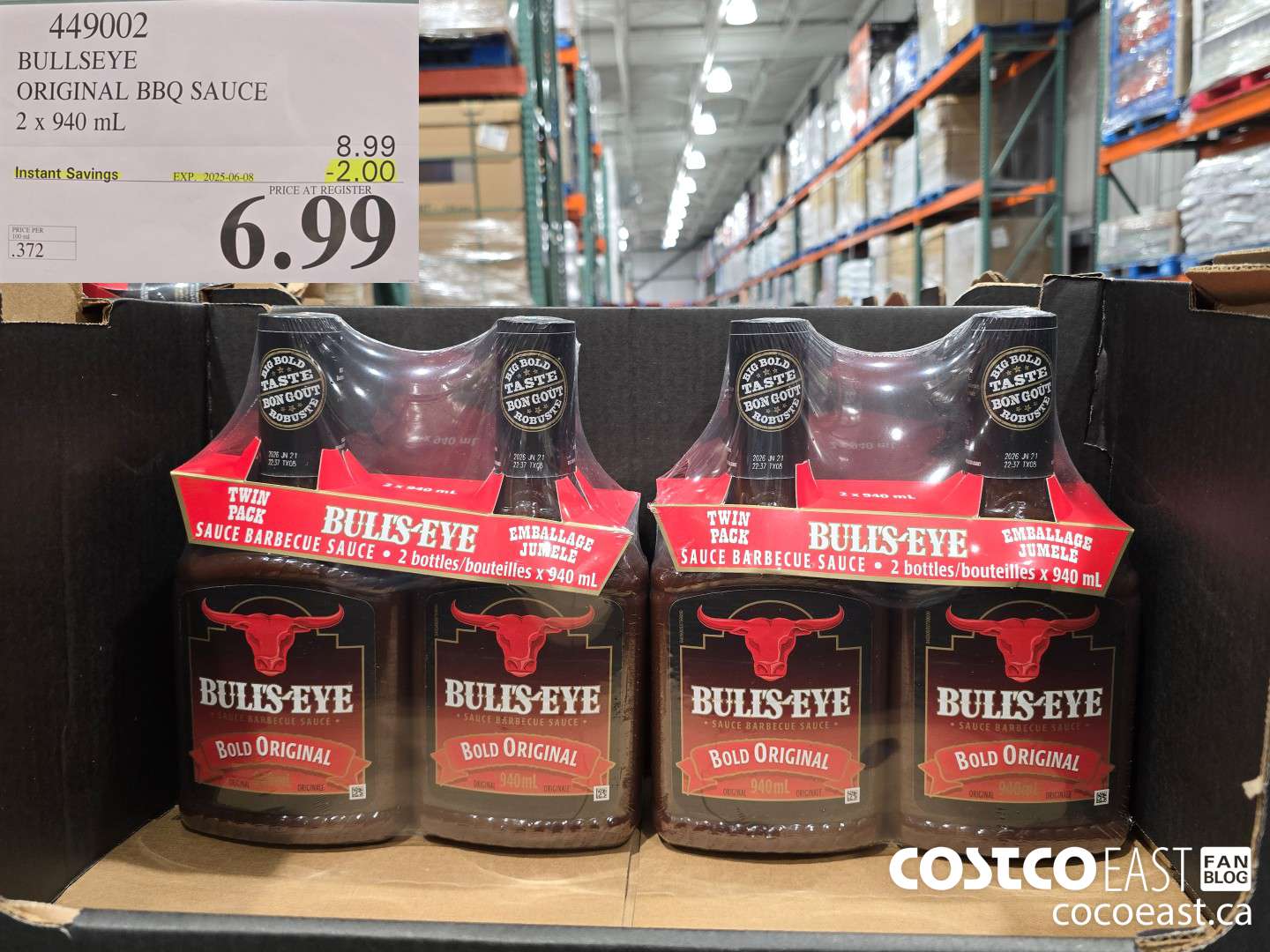 449002 BULLSEYE ORIGINAL BBQ SAUCE 2 X 940 ML ($2.00 INSTANT SAVINGS EXPIRES ON 2025-06-08) $6.99