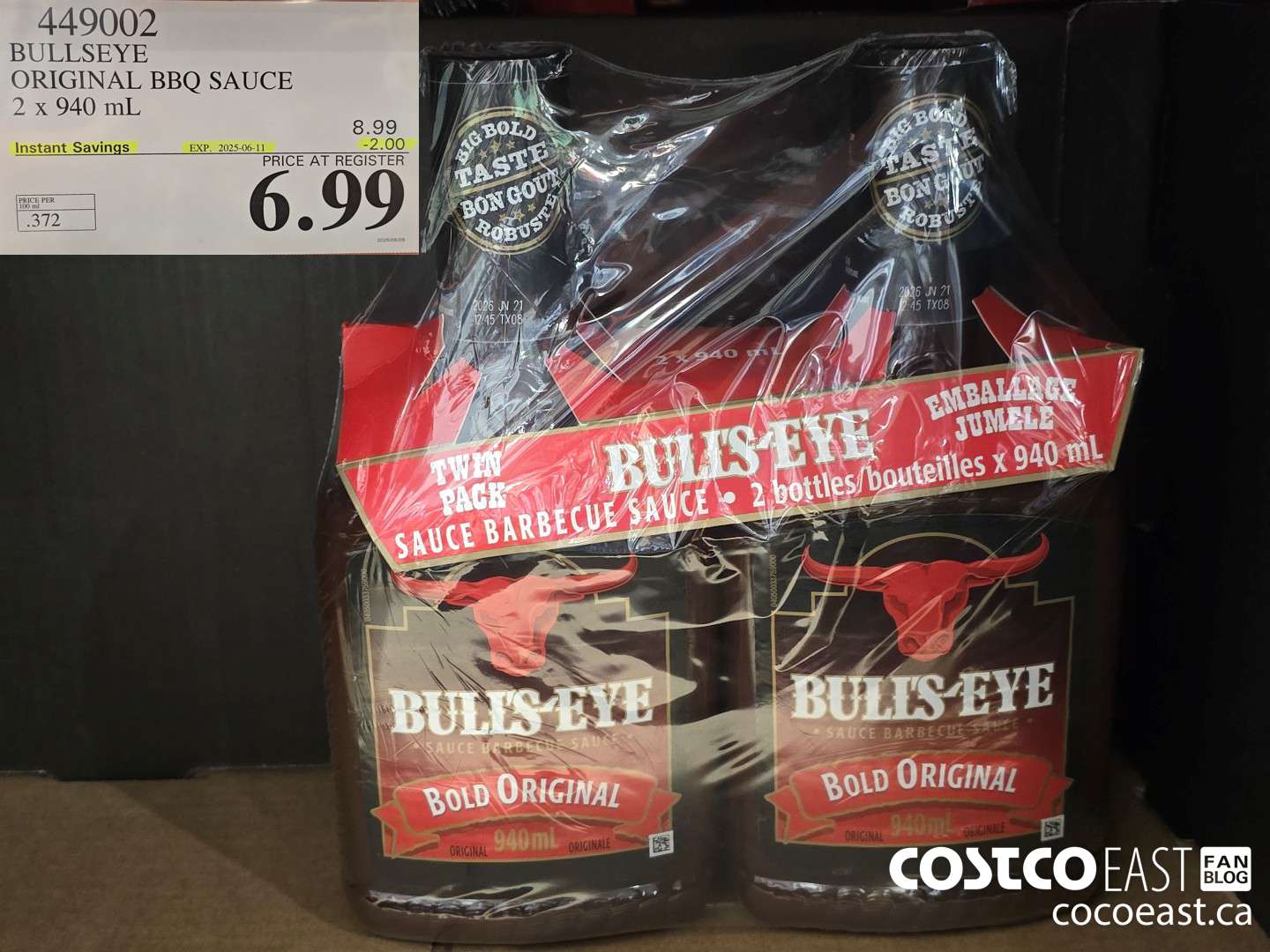 449002 BULLSEYE ORIGINAL BBQ SAUCE 2 X 940 ML ($2.00 INSTANT SAVINGS EXPIRES ON 2025-06-11) $6.99