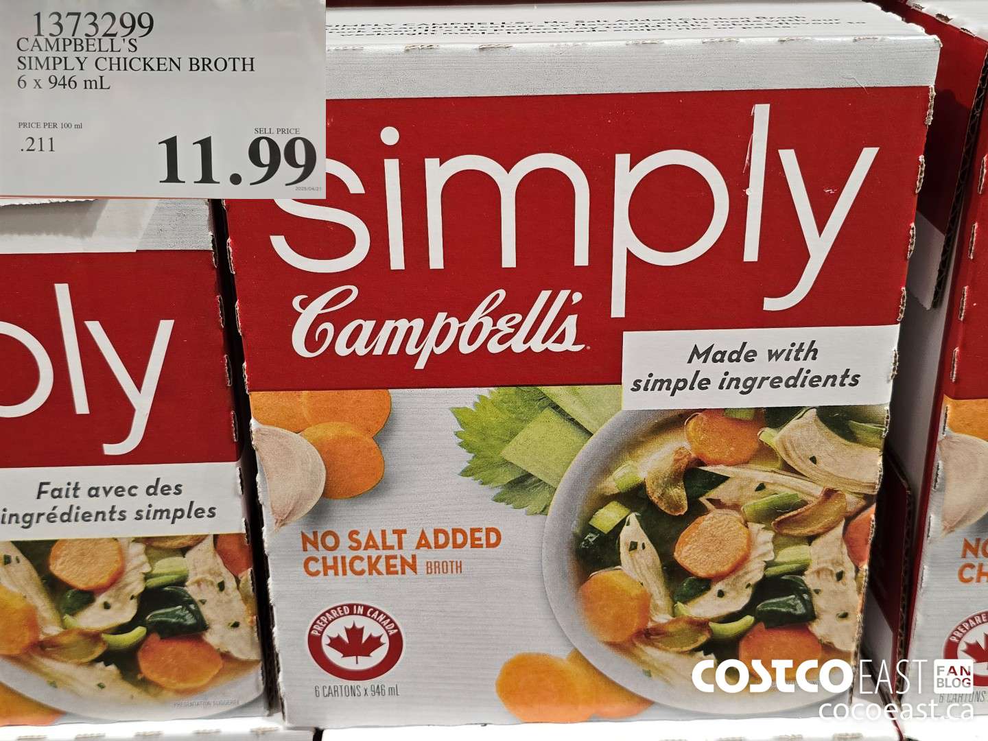 1373299 CAMPBELL'S SIMPLY CHICKEN BROTH 6 x 946 mL $11.99